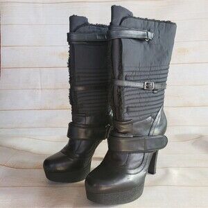 Nine West Platform Iryna Leather Fabric Winter Faux Fur Lined Boots Black 7 1/2